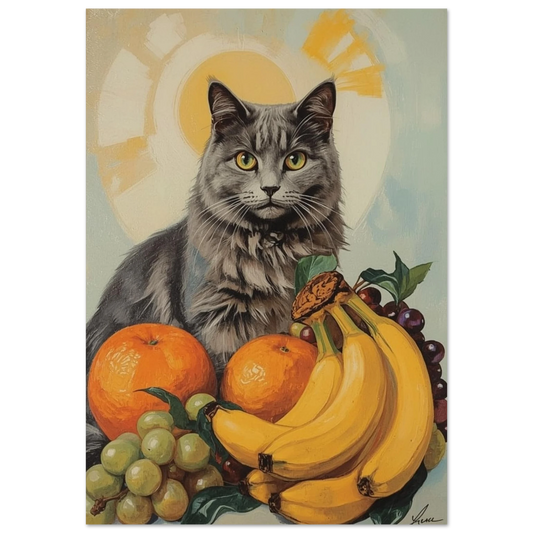 Grå långhårig katt med stilleben av bananer och apelsiner – Retro poster