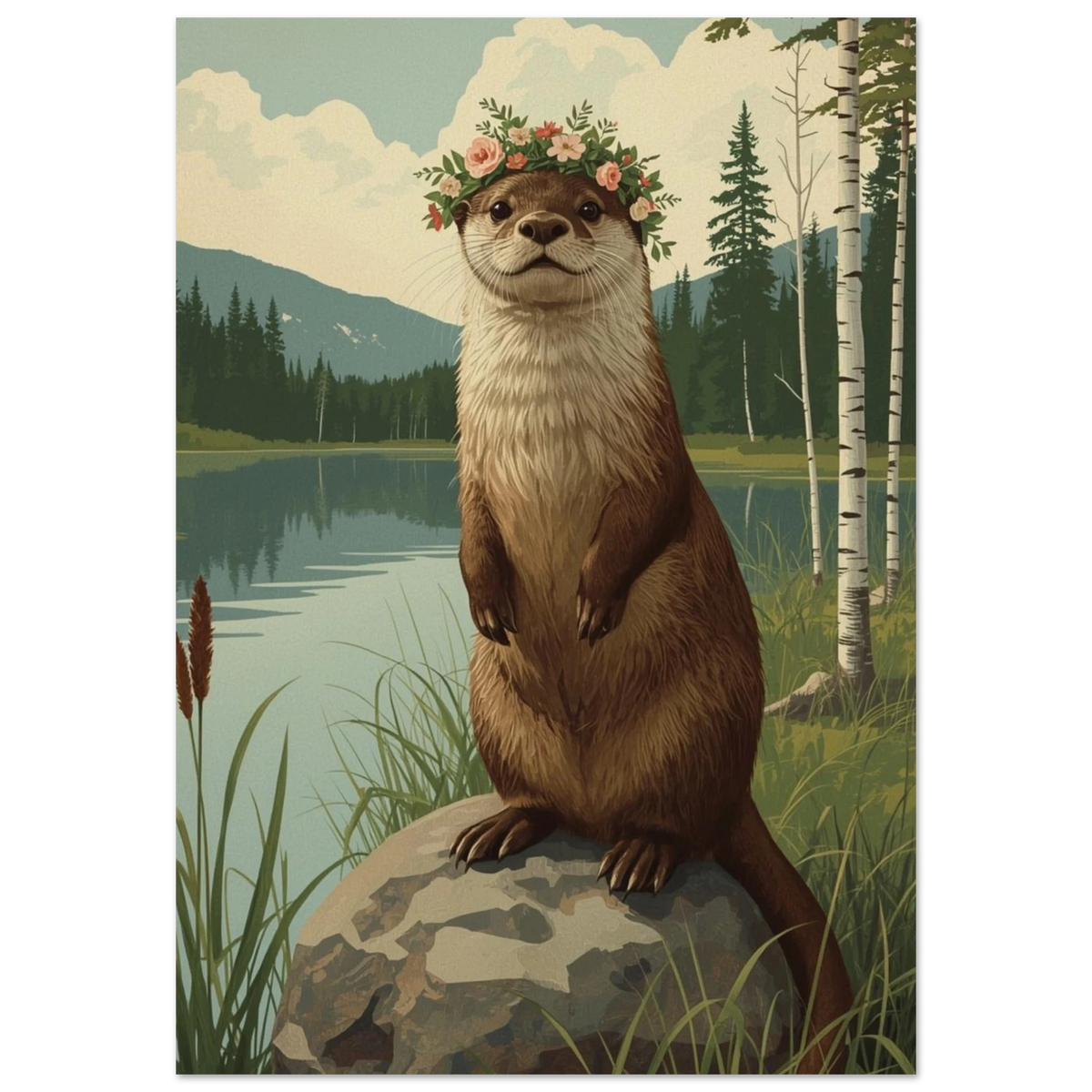 Poster med utter som har midsommarkrans framför en svensk naturbakgrund. 