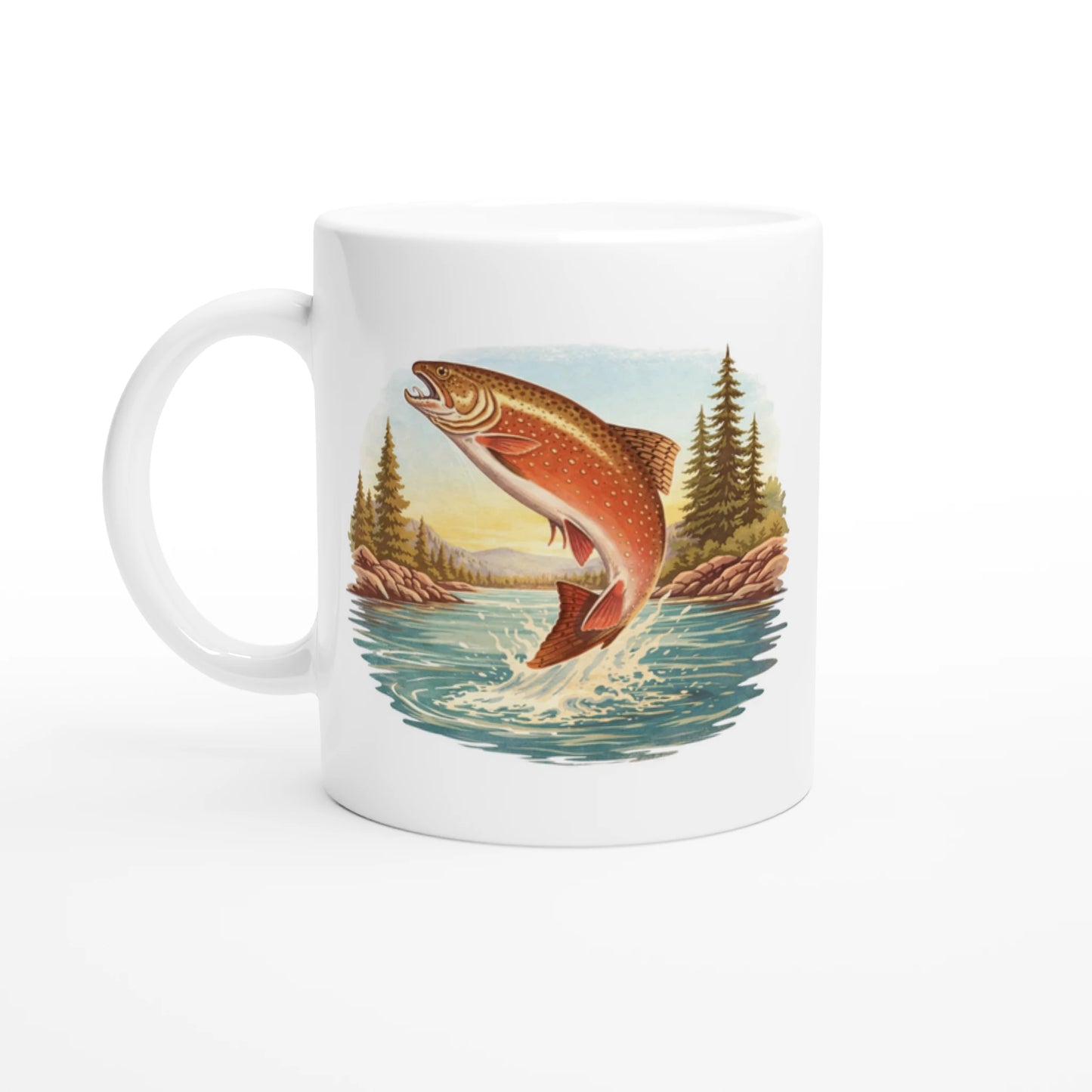 Mugg med retro motiv av en hoppande öring för sportfiske och natur