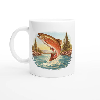 Mugg med retro motiv av en hoppande öring för sportfiske och natur