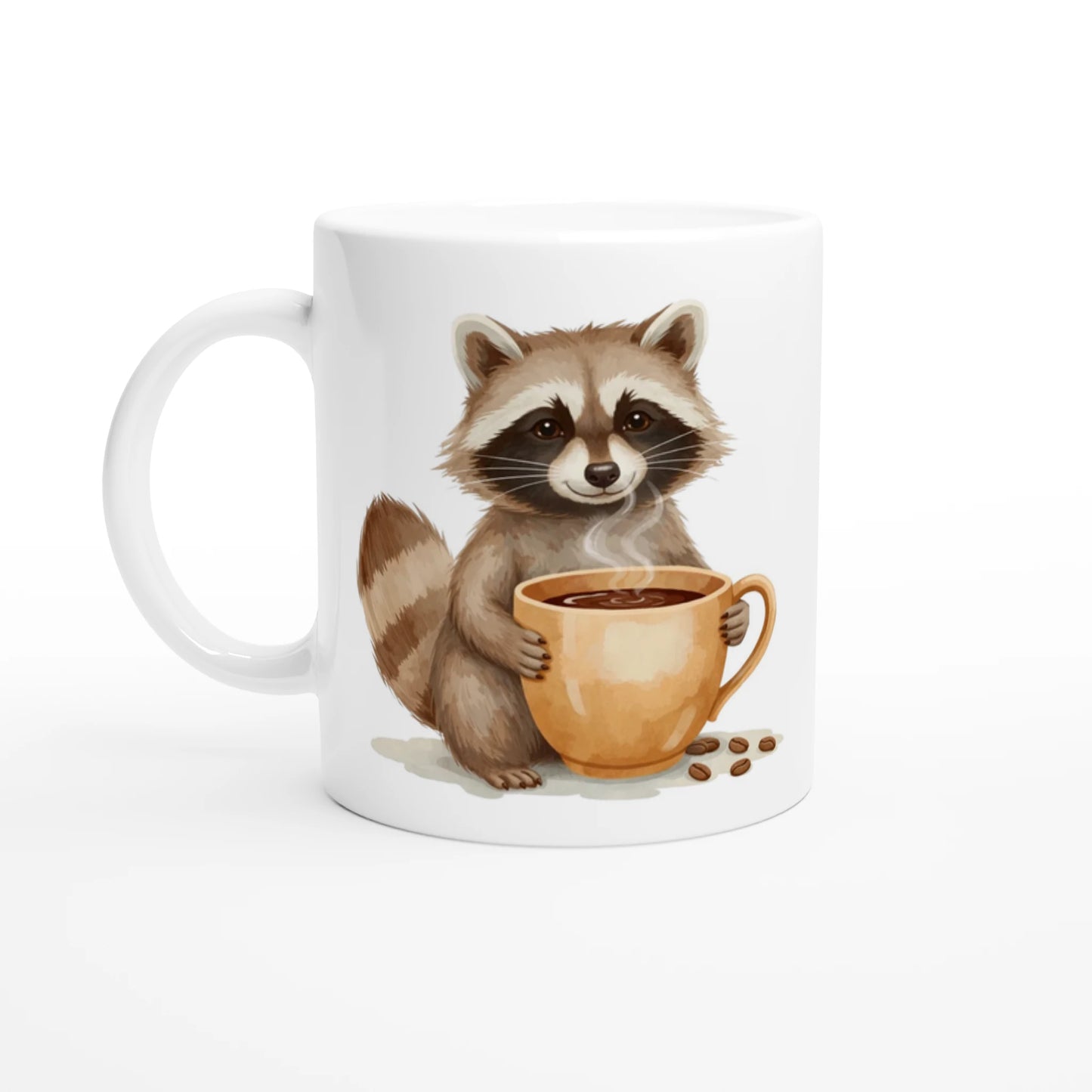 Söt tvättbjörn med kaffekopp och kaffebönor på en vit mugg - Mysigt djurmotiv