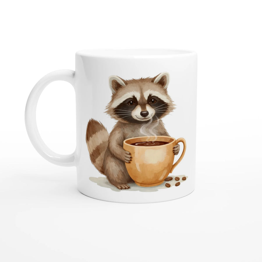 Söt tvättbjörn med kaffekopp och kaffebönor på en vit mugg - Mysigt djurmotiv